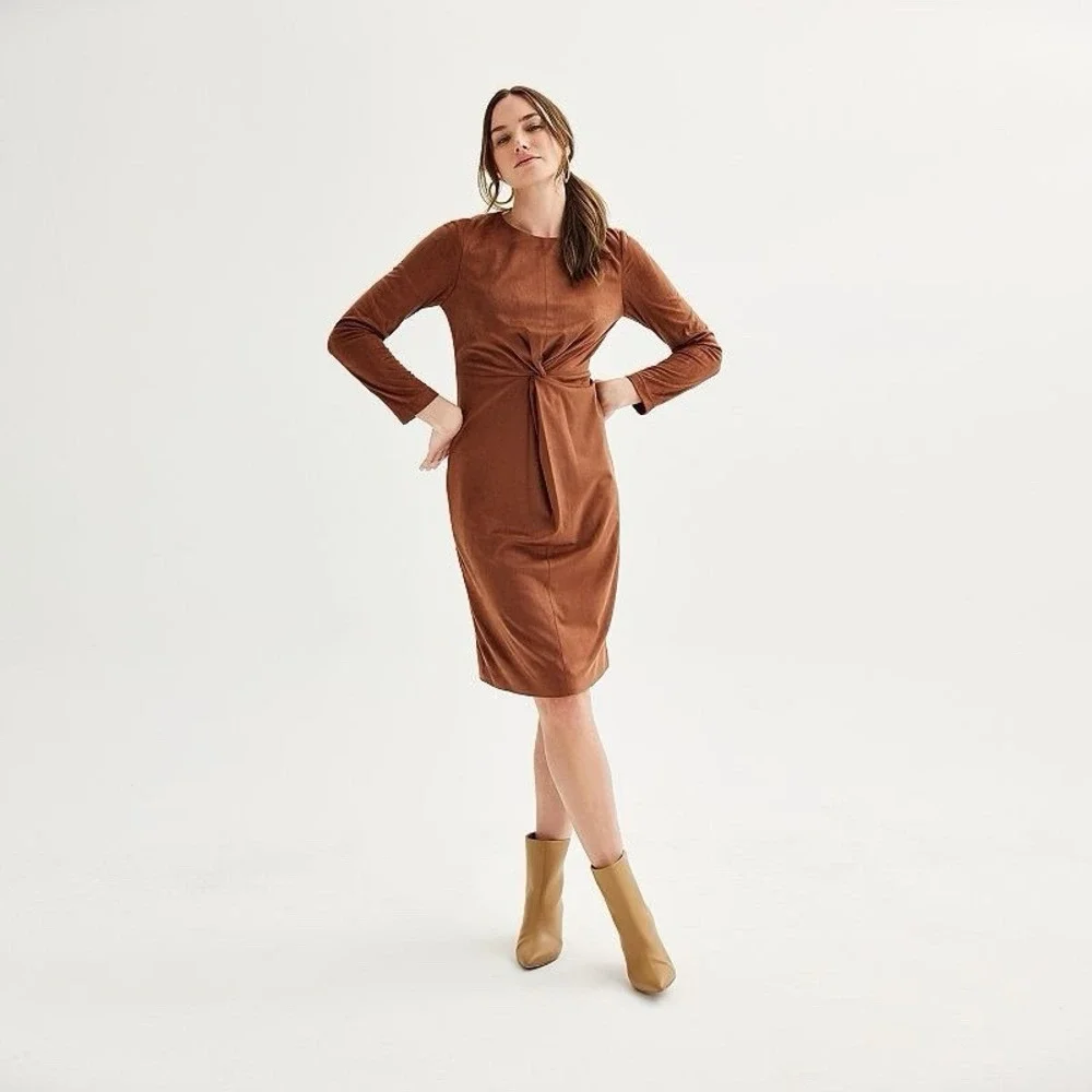 NWT Nicole Miller Women's 8 Faux Suede Long Sleeve Twist Front‎ Dress